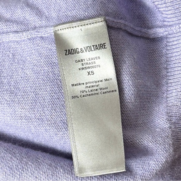 ZADIG VOLTAIRE Cashmere & Wool Lilac Crystal Leaf Crewneck Pullover Sweater XS - Picture 6 of 6